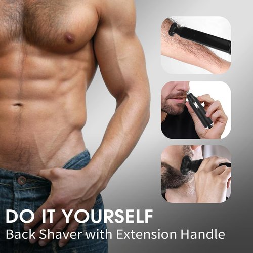 ETbyto Back Shavers for Men Long Handle,Multifunctional Self-Service Electric Back Hair Razor with Adjustable Handle,Men's Back Shaver wiht Nose Hair Trimmer Set and 2 Shock Absorber Flex Heads,Black