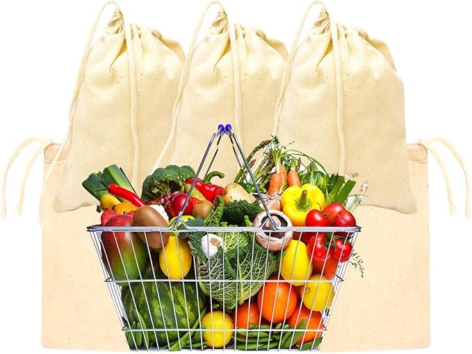 3x5 Inches Natural Cotton Reusable Produce Muslin Bags – Multipurpose Drawstring Storage Pouch for Everyday Use (50)