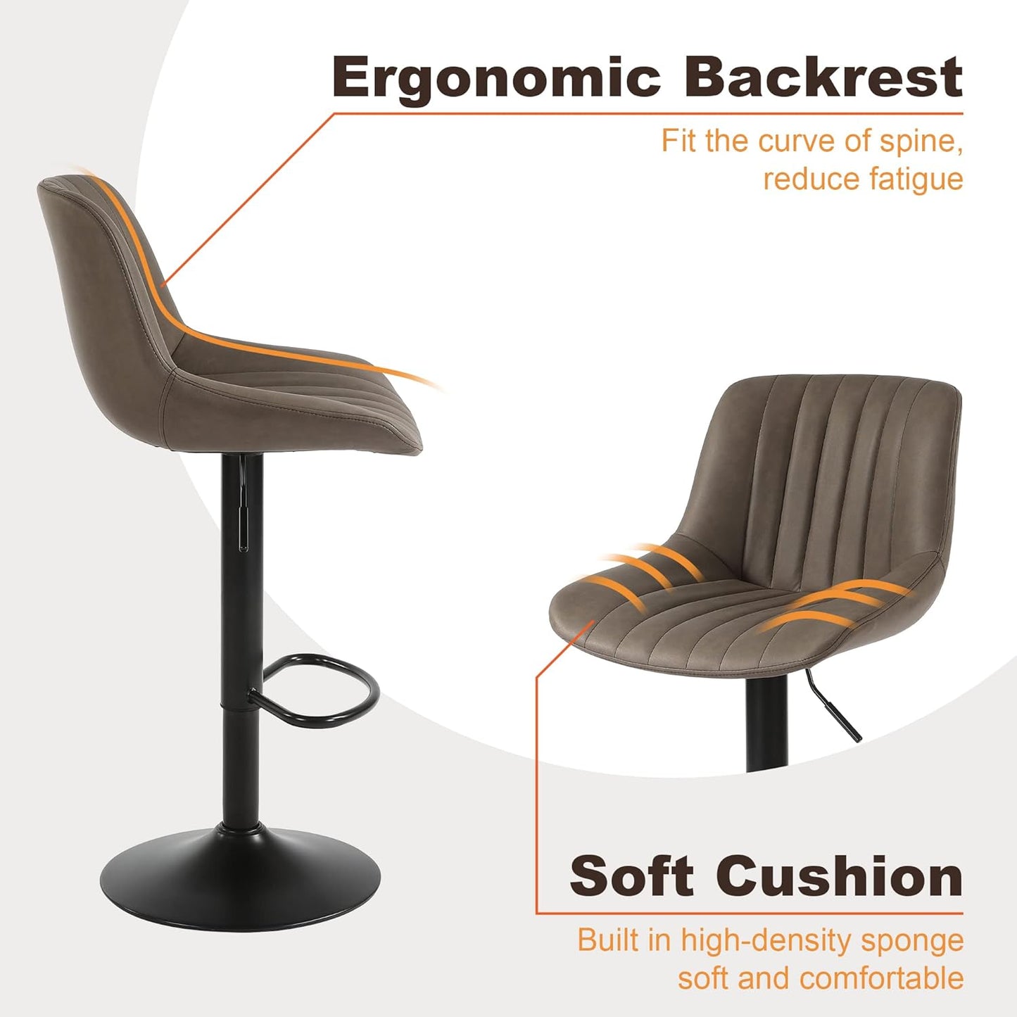 Bar Stools Set of 2, Swivel Counter Height Barstools with Back, Adjustable Faux PU Leather Bar Chairs, Modern Armless Kitchen Island Stool, Brown