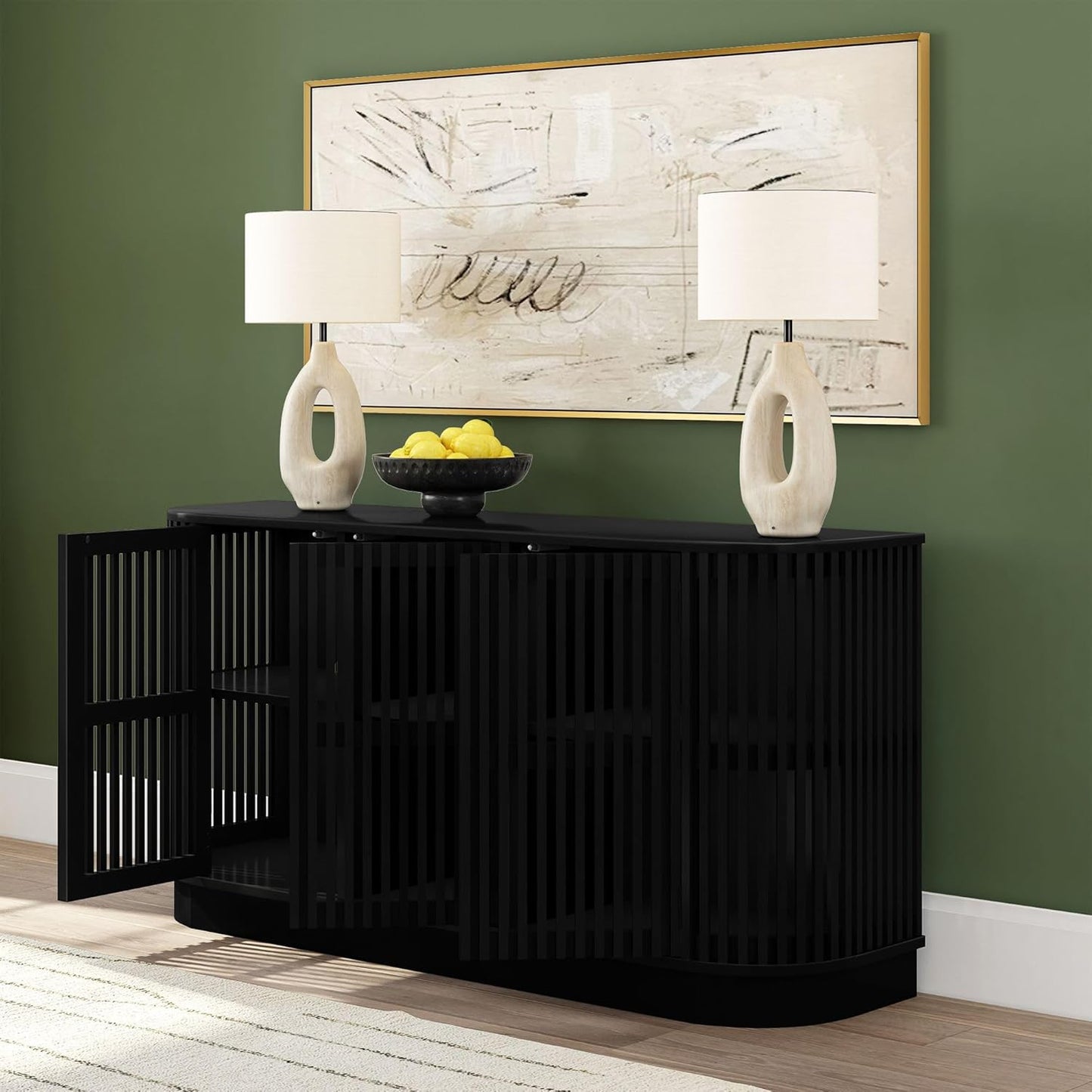 Plank+Beam Contour Wood TV Stand, Three Door Solid Wood Entertainment Console with Storage, 59" L x 16" W x 30" H, Black