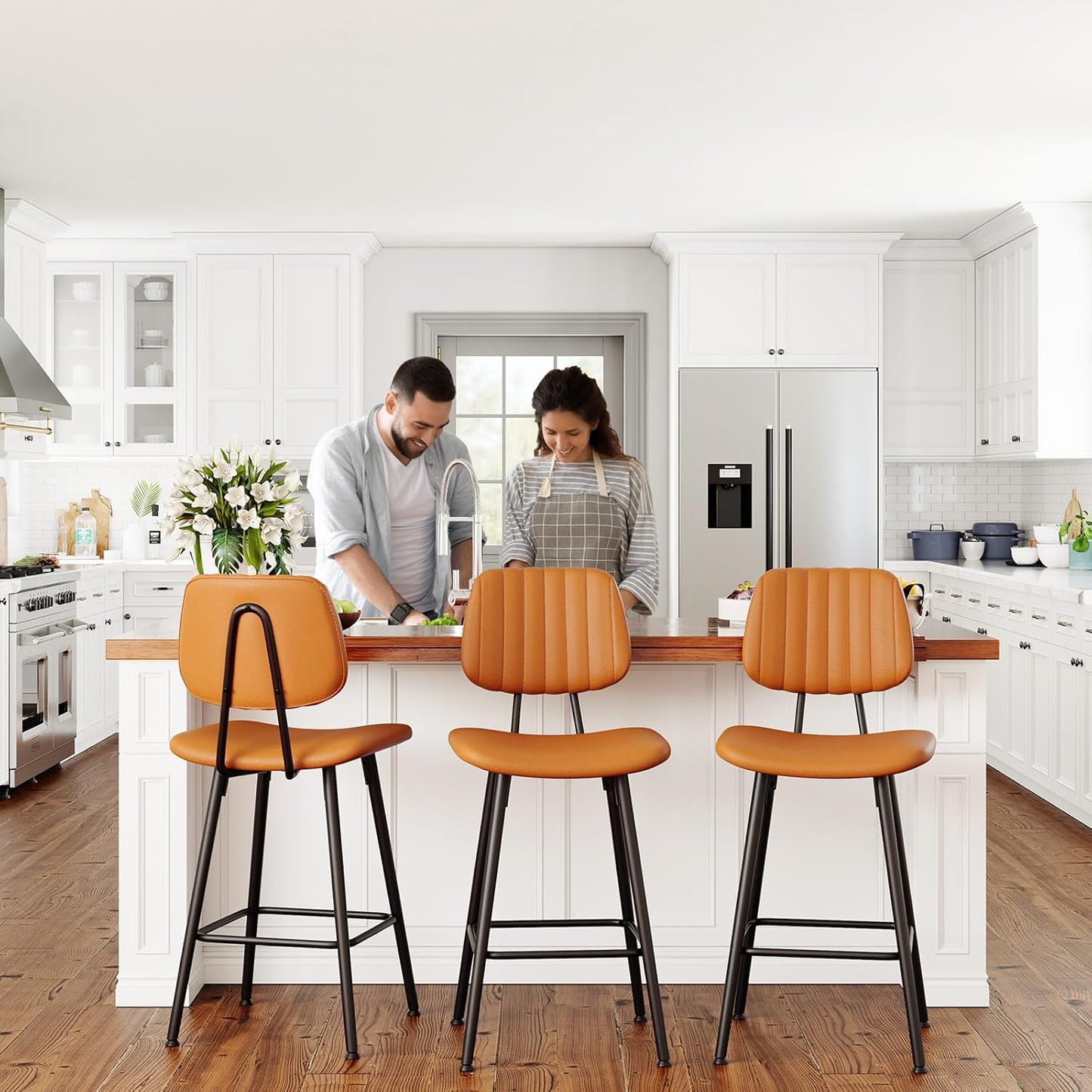 24-Inch Leather Bar Stools Set of 2, Counter Height Barstools with High Backrest,Bar Chairs for Kitchen Island with Heavy Duty Metal Legs, Brown