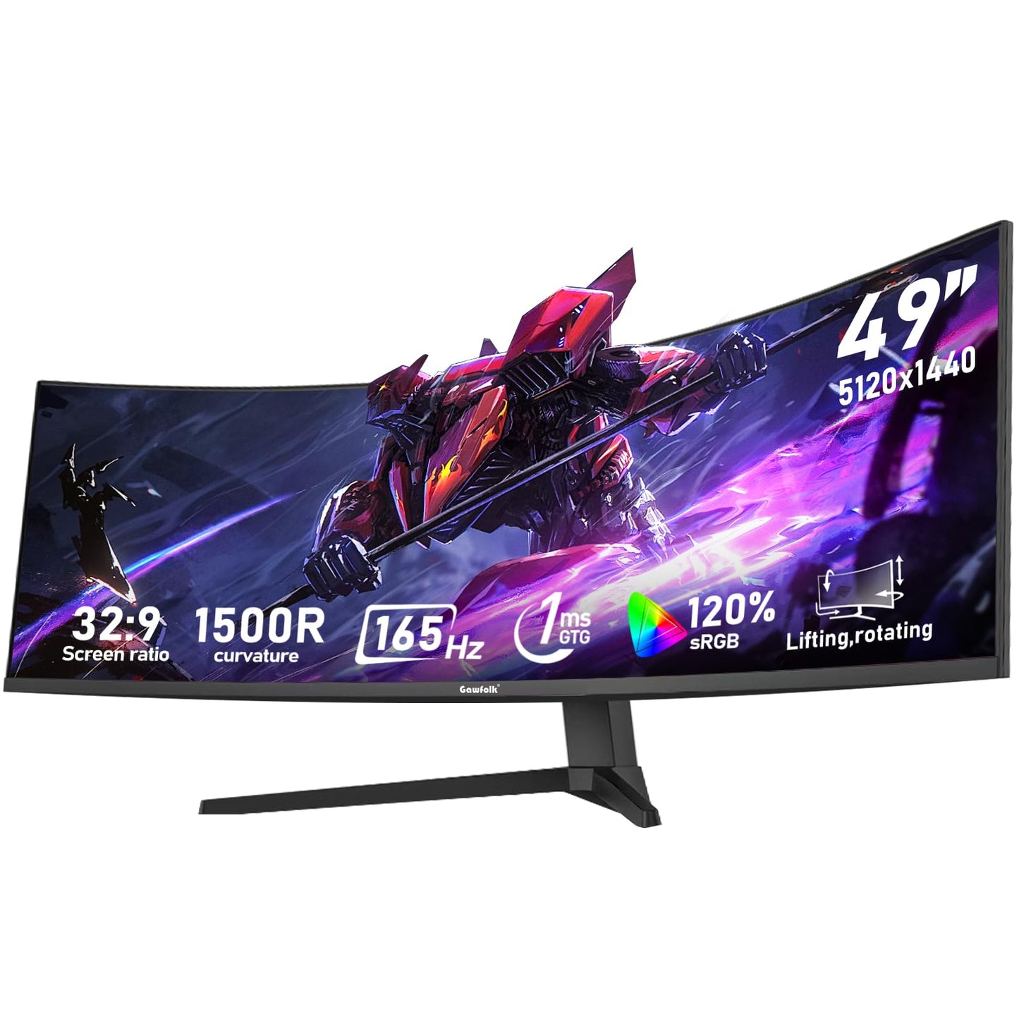 Gawfolk 49 inch Ultra-Wide Curved 1500R Gaming Computer Monitor, DQHD(5120 1440), 165Hz, 1MS, FreeSync, 120% sRGB, Height Adjus