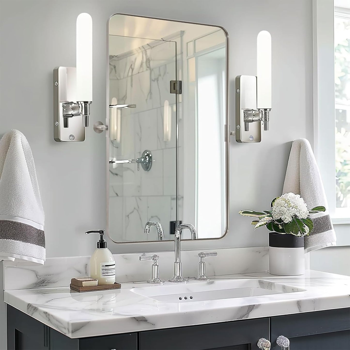 MOON MIRROR 20" x 28" Brushed Nickel Metal Framed Pivot Rectangle Bathroom Mirror, Silver Tilting Rounded Rectangular Vanity Mirror for Wall Mounted Hangs Vertical Only