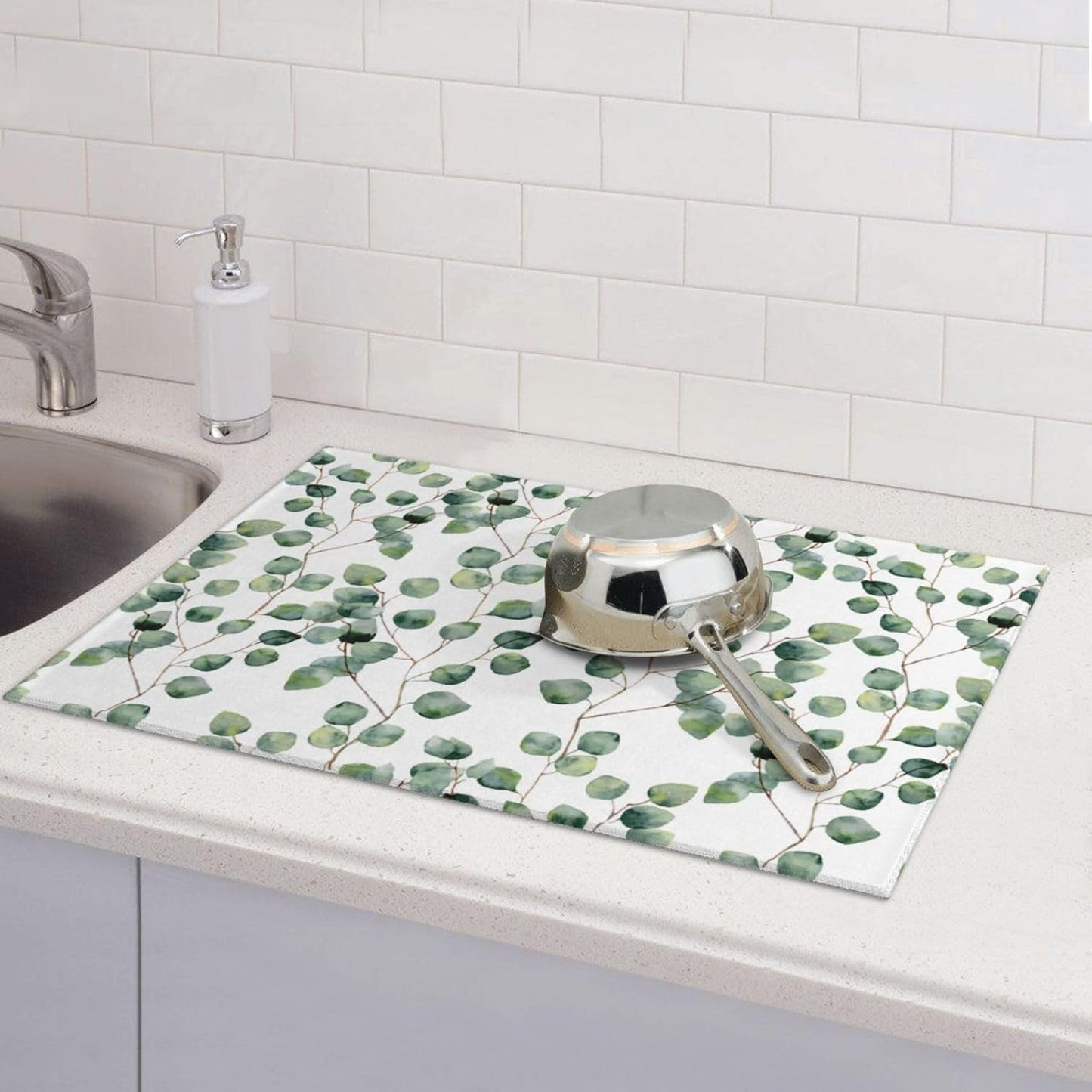 Dish Drying Mat Green Floral Leaf Botaical for Kitchen Counter Absorbent Dishes Drainer Microfiber Large 18x24 Inch