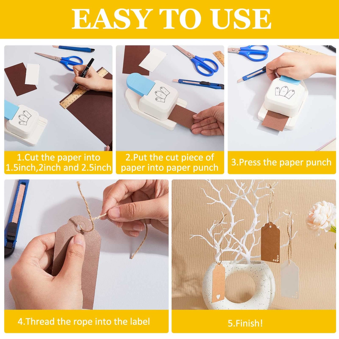 Lewtemi 3 in 1 Craft Tag Punch Gift Paper Small Hole Punch for Tag Scrapbooking Supplies 1.5/2/ 2.5 Inches Craft Puncher with Rope for Paper Crafting Scrapbooking Cards DIY Arts(Round Style)