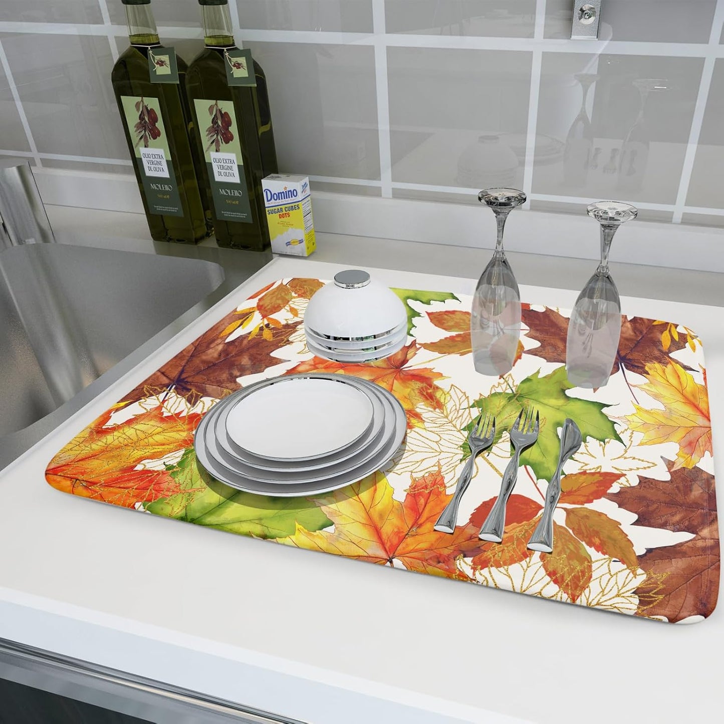 Fall Leaf Dish Drying Mat for Kitchen Counter 18x24 Inch Autumn Harvest Thanksgiving Maple Leaves Absorbent Reversible Microfiber Dish Drainer Rack Mats Countertops Protector Mat