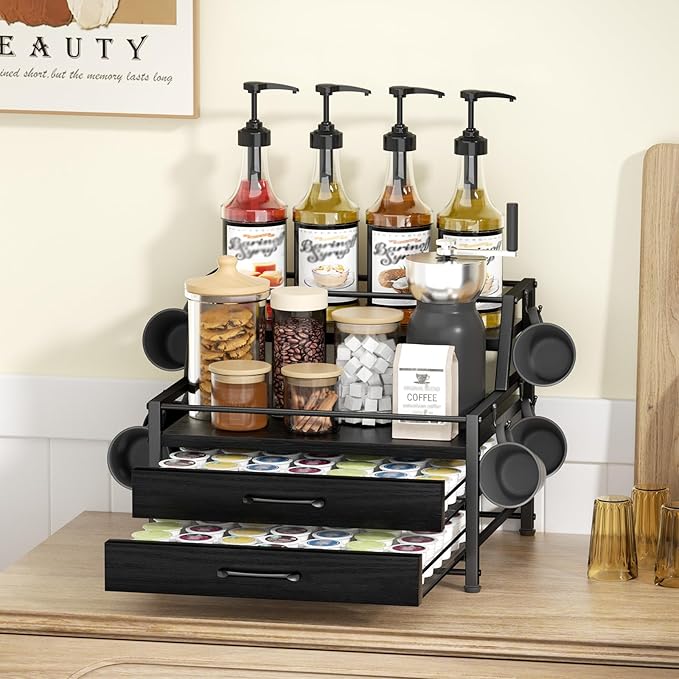 Coffee Syrup Rack Organizer - 4-Tier 8 Syrup Wine Bottles Stand with 82 Storage Drawer for K Cups, Coffee Pod Holder for Countertop, Bar Station, Kitchen, Black