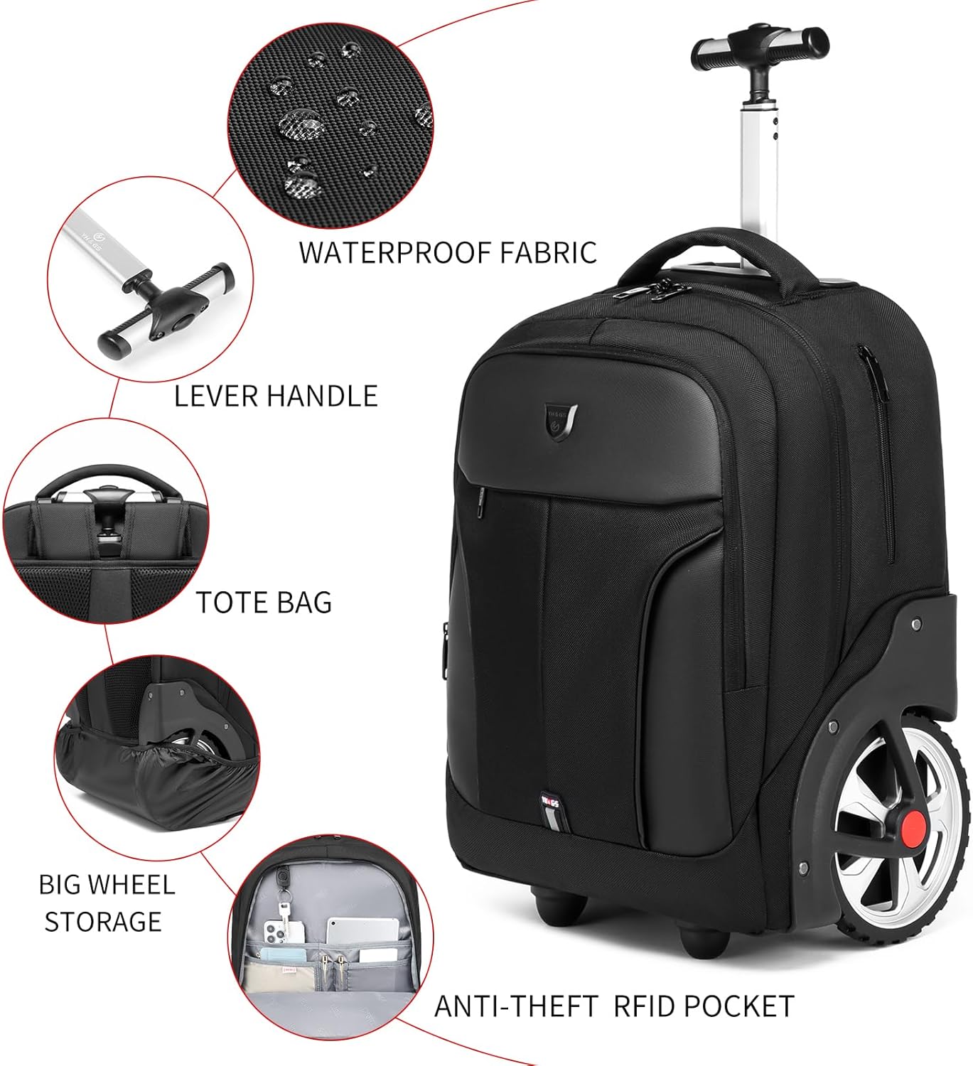 Rolling Backpack,Waterproof Backpack with Wheels for Business and Travel Commuter, Carry on Backpack with Laptop Compartment, Fit 17 Inch Laptop, Wheeled Backpack for Adults