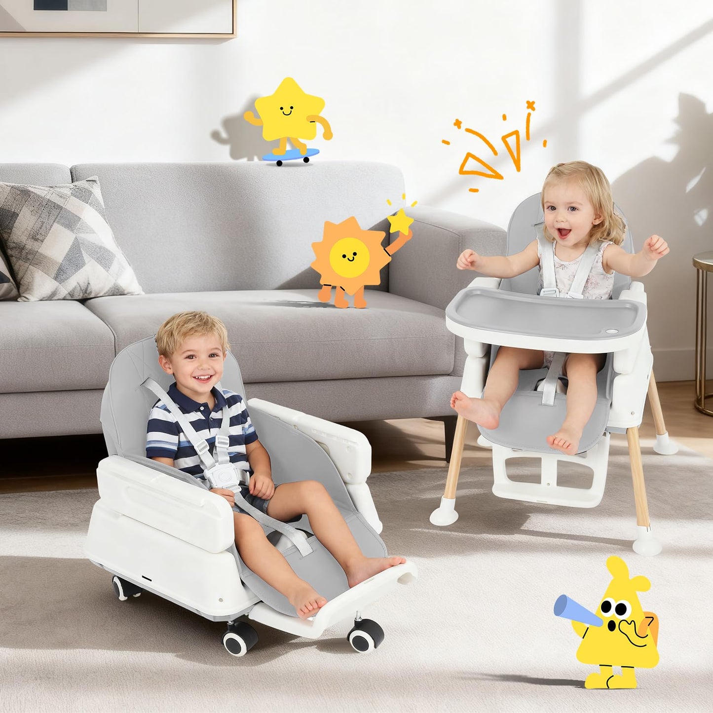 5-in-1 Baby High Chair, Convertible Booster & Play Chair, Portable Foldable Lightweight, Easy to Clean with Tray, for Babies Toddlers 6-36 Months, Gray