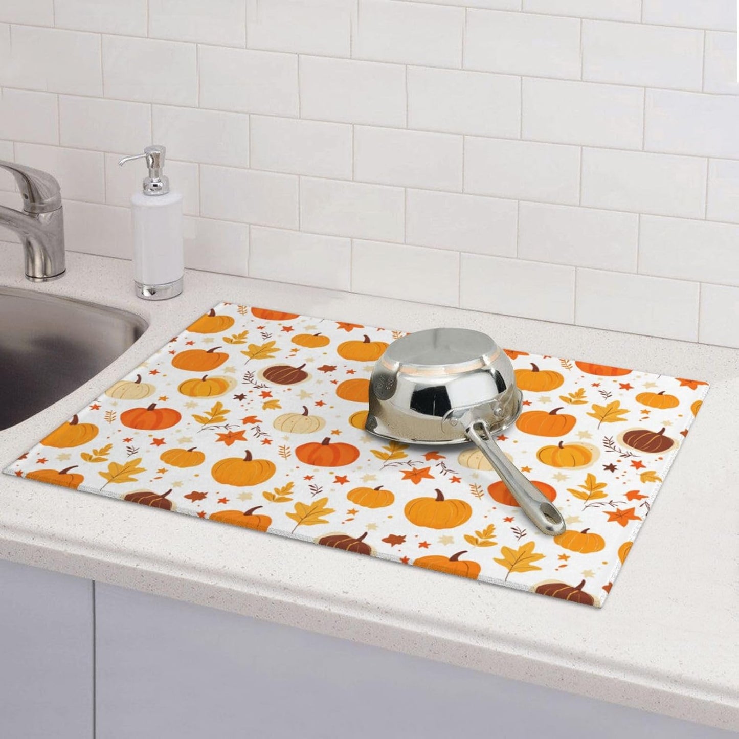 Dish Drying Mat for Kitchen Pumpkin Leaf Fall Thanksgiving Counter Absorbent Dishes Drainer Microfiber Large 18x24 Inch