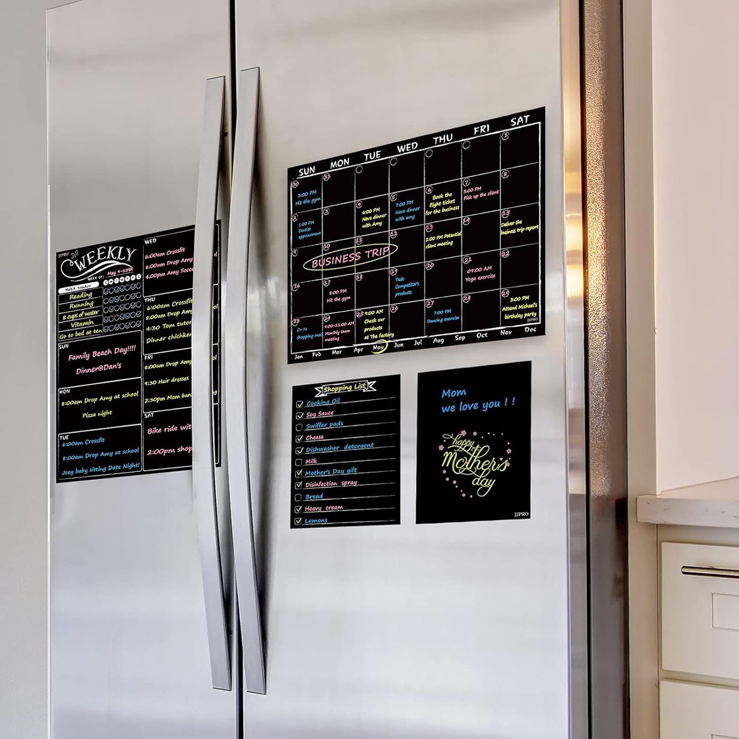 Magnetic Chalkboard Monthly Calendar - Weekly Planner Blackboard Combo Set w/Neon Bright Liquid Chalk Markers - Bonus Grocery List and Notepad Blackboard for Refrigerator Included