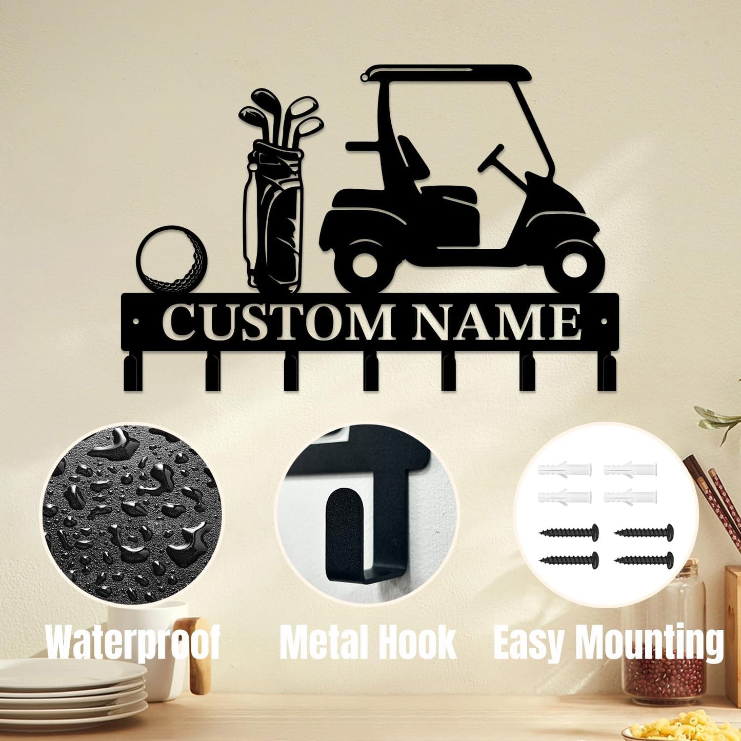 Personalized Custom Name Golf Ball Wall Keys Hooks,Metal Golf Art Clothes Hooks,Metal Golf Lover Wall Home Storage Decorative,For Front Door, Hallway, Kitchen, Bedroom,Keys,Hats (Style G)