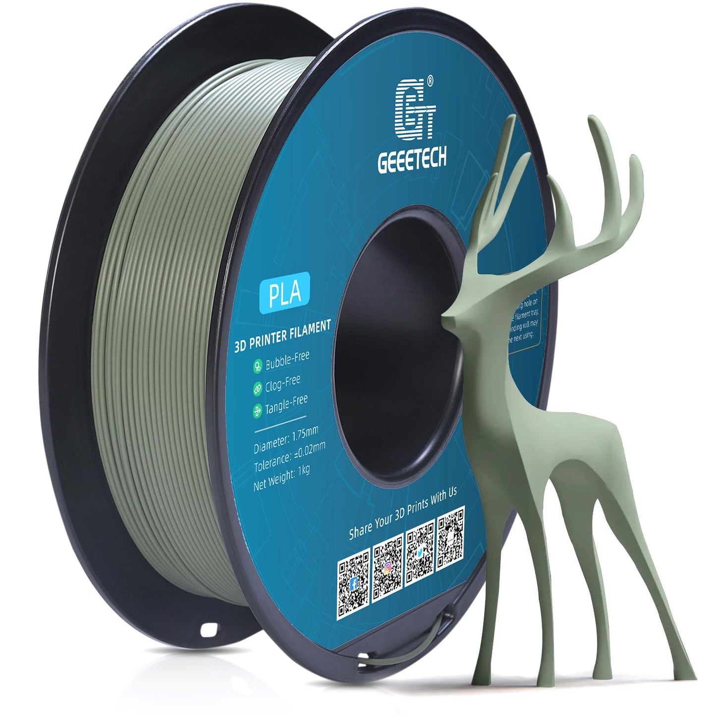 GEEETECH Matte PLA Filament 1.75mm, Green PLA Matte 3D Printer Filament 1kg Spool (2.2lbs), Dimensional Accuracy +/- 0.02 mm, 1.