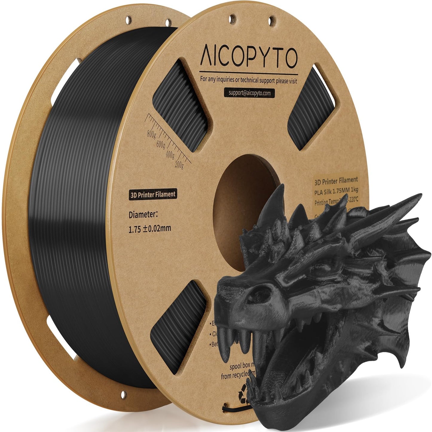 AICOPYTO Silk Black PLA Filament 1.75mm, 3D Printer Filament Silk PLA 1KG Spool (2.2lbs) Dimensional Accuracy Probability +/- 0.
