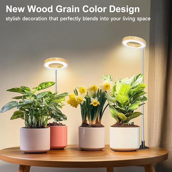 Plant Grow Light, 48 LEDs Full Spectrum Grow Lights for Indoor Plants, Height Adjustable Faux Wood Grain Small Grow Light with Base, 3 Optional Spectrums, Auto Timer 6/12/16Hrs, 5 Brightness