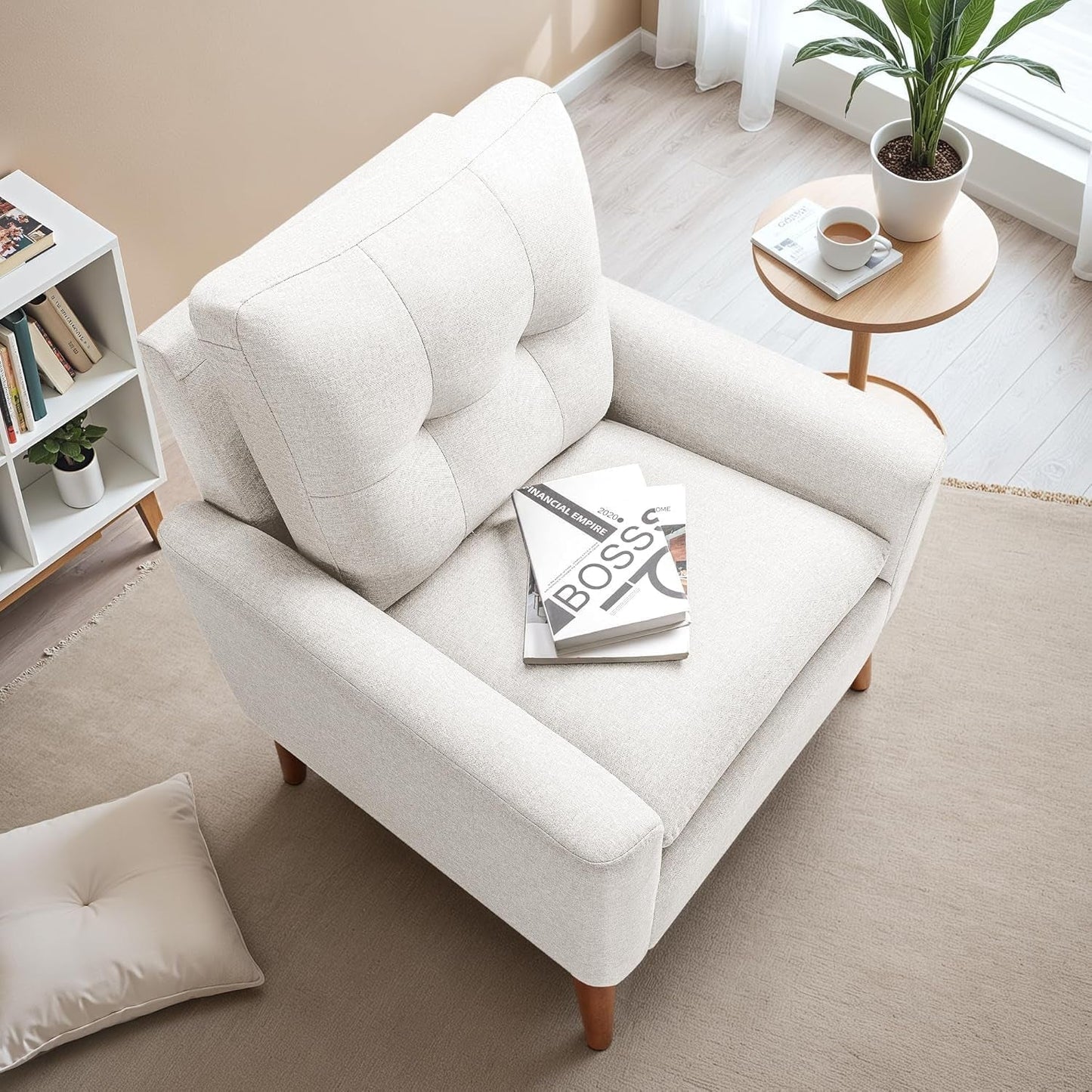 Mid Century Accent Chair, Fabric Modern Reading Living Room Chair, Fluffy Comfy Armchair Small Sofa Chair with Wood Legs for Bedroom Office Cafe, Set of 2 (Pure White)