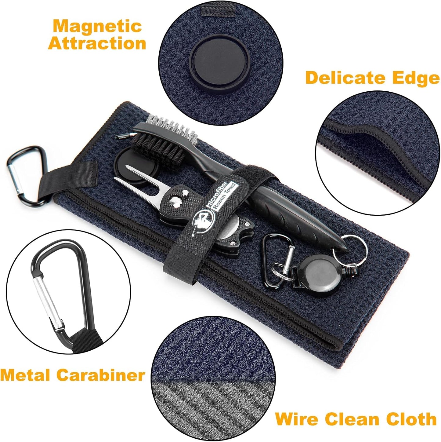 Magnetic Golf Towel, 3 PCS Microfiber Golf Towels with Brush and Divot Tool for Men, Industrial Strength Magnet Accessories for Strong Hold to Golf Bags, Carts or Clubs (3 Pack Blue)