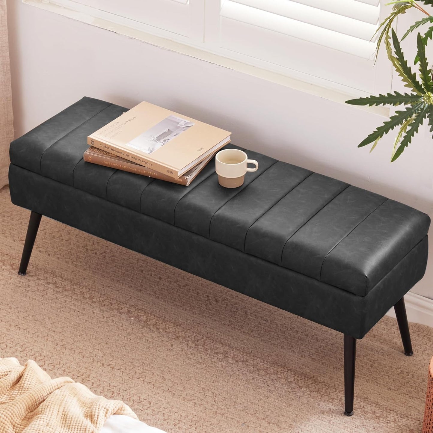 CUYOCA Storage Ottoman Bench, 43.5" Faux Leather Upholstered Entryway Bench, Long Ottoman with Storage for Living Room, Support 660lbs - Black