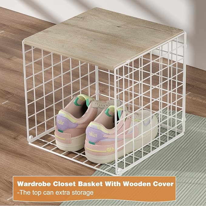 4 Pack Closet Organizers and Storage with Wood Top, Stackable Closet Shelf Organizer, Double Storage Design, Clothes Storage Basket/Cube Organizer for Wardrobe, Sturdy, White (Patent Pending) ๏ปฟ