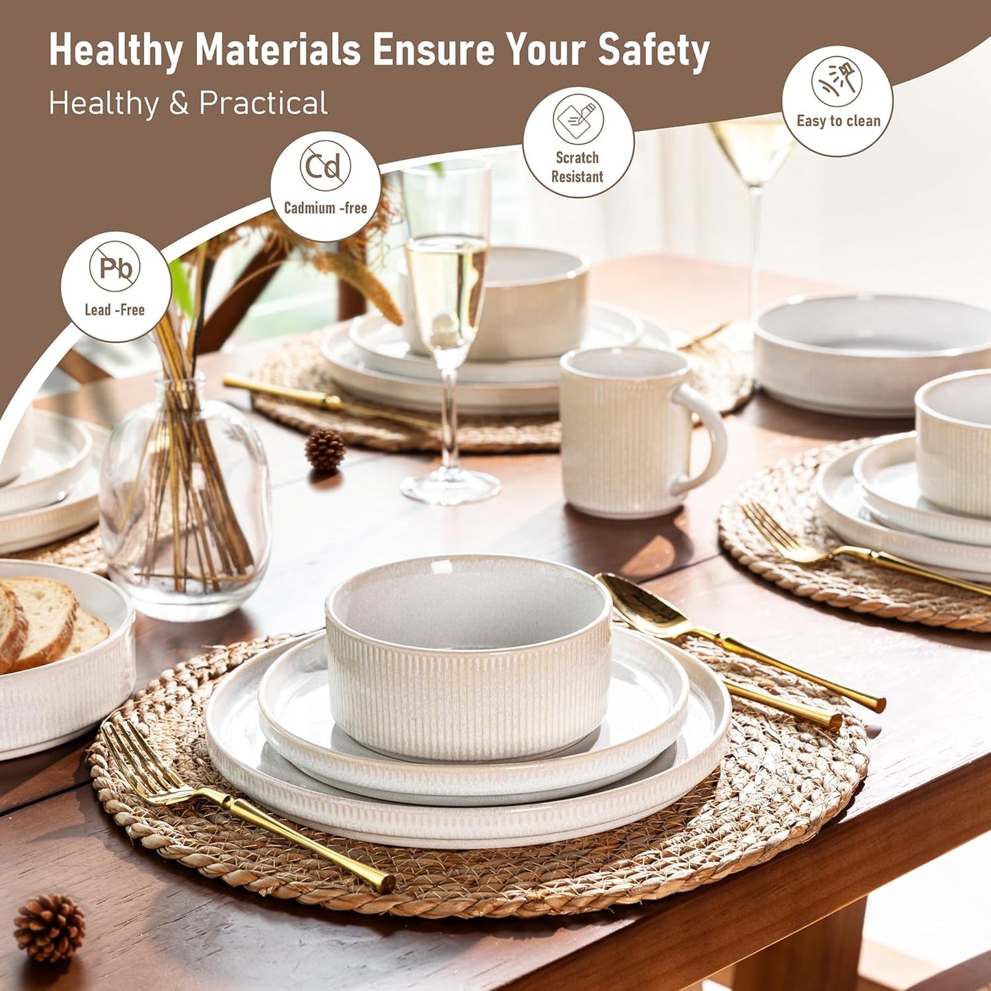 GBHOME Stoneware Dinnerware Sets for 8,Round Reactive Glaze Ceramic Plates and Bowls Set,Highly Scratch Resistant| Dishwasher & Microwave Safe Dishes Set,Service for 8(24Pcs)