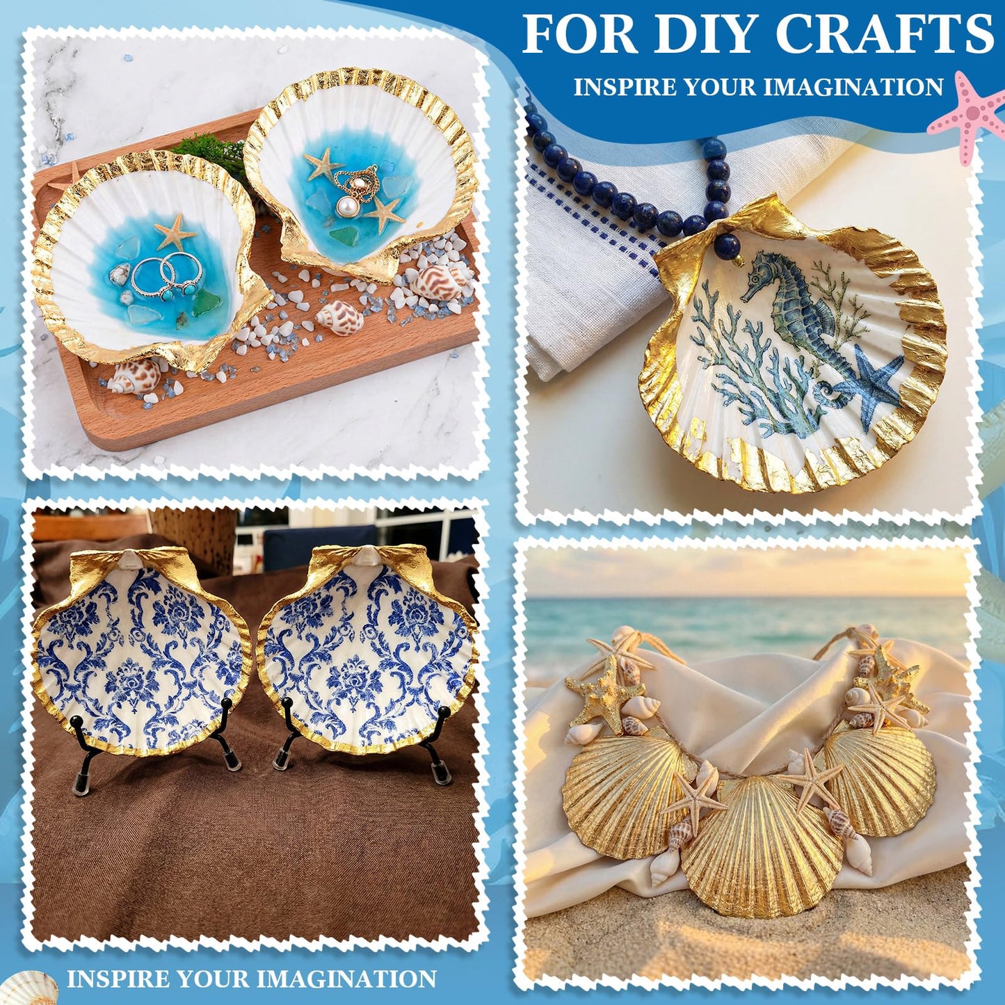 BreezeHug 10 Pcs Large Scallop Shells for Crafts 4-5 Inch White Seashells Bulk for Gold Leaf Crafts DIY Painting Baking Ocean Themed Party Supplies & Decorations with Adhesive Brush Tweezers