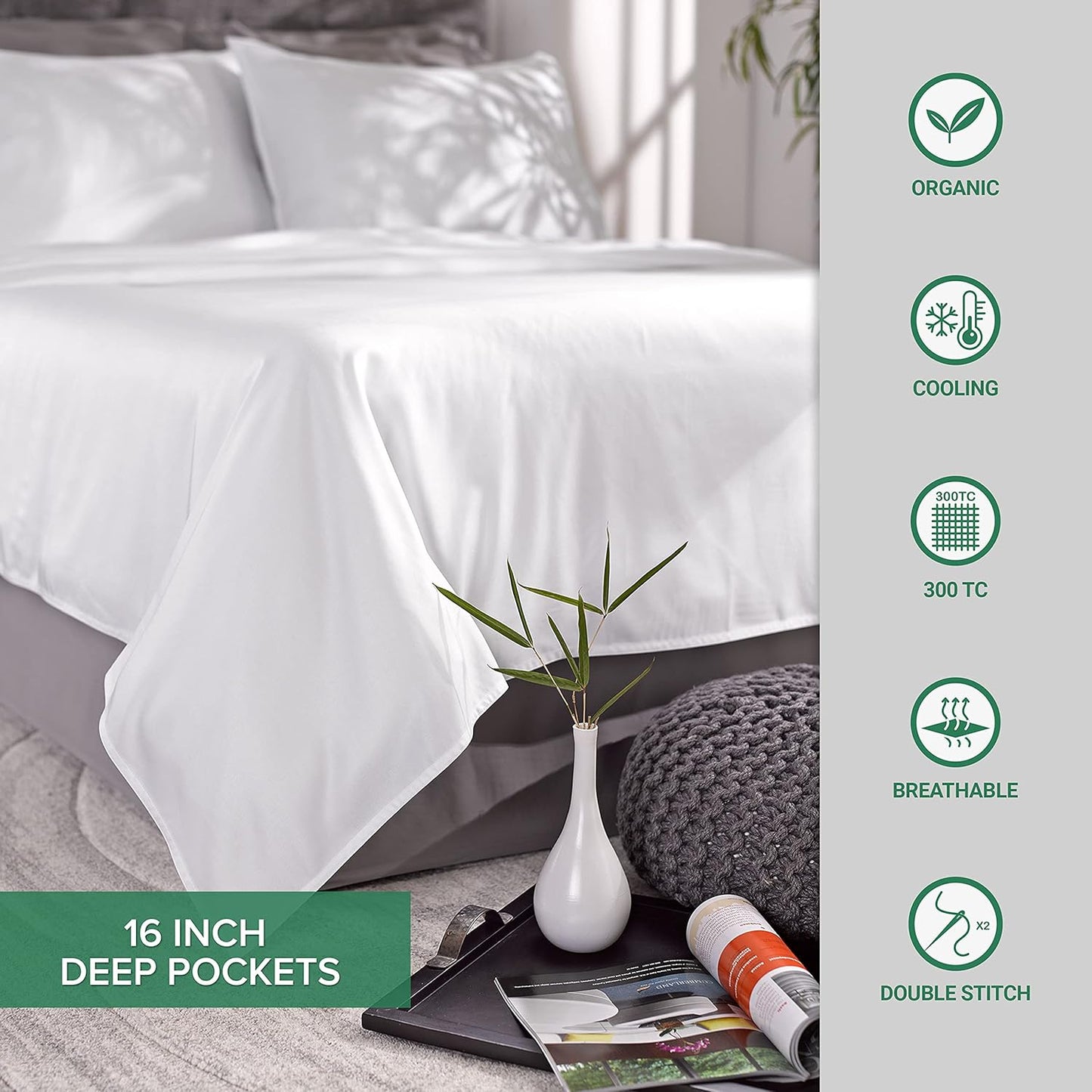 Pure Bamboo King Sheets, Genuine 100% Organic Viscose Derived from Bamboo Bed Sheet Set, Luxuriously Soft & Cooling, Double Stitching, Lifetime Quality Promise (King, Glacier)