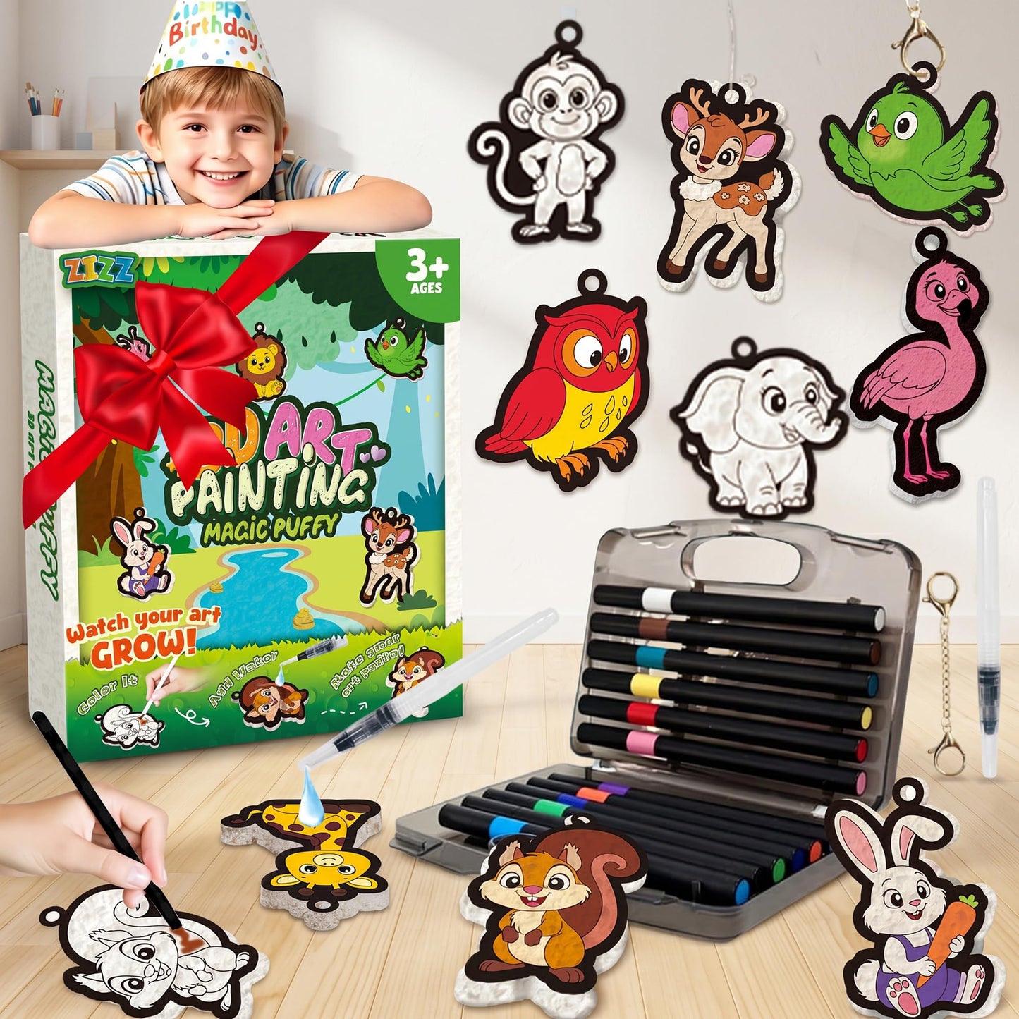 ZIZZ 3D Water Puffs Art Craft Kit for Kids: Magic Foam Texture Aqua Art Painting Kit Gifts for 4 5 6 7 8 9 10 Year Old Girls Boys - Puffy Paint Craft Set Mess-Free Paint by Number Craft for Kids