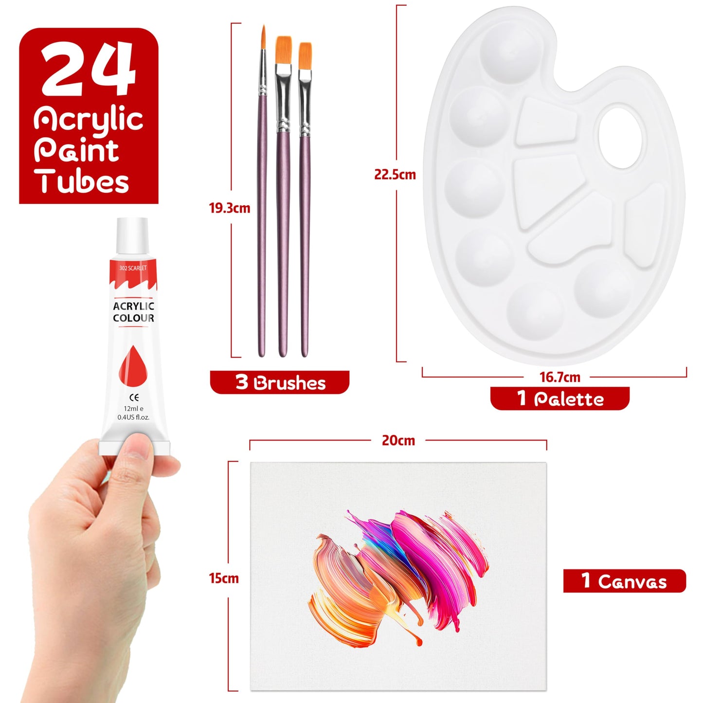 Acrylic Paint Set with 3 Paint Brushes, 24ร12ml Colors Premium Paint Set with 1 Palette 1 Canvas Boards, Art Painting Kits for Adults, Paints Supplies for Canvas Rock Painting Craft Art Class