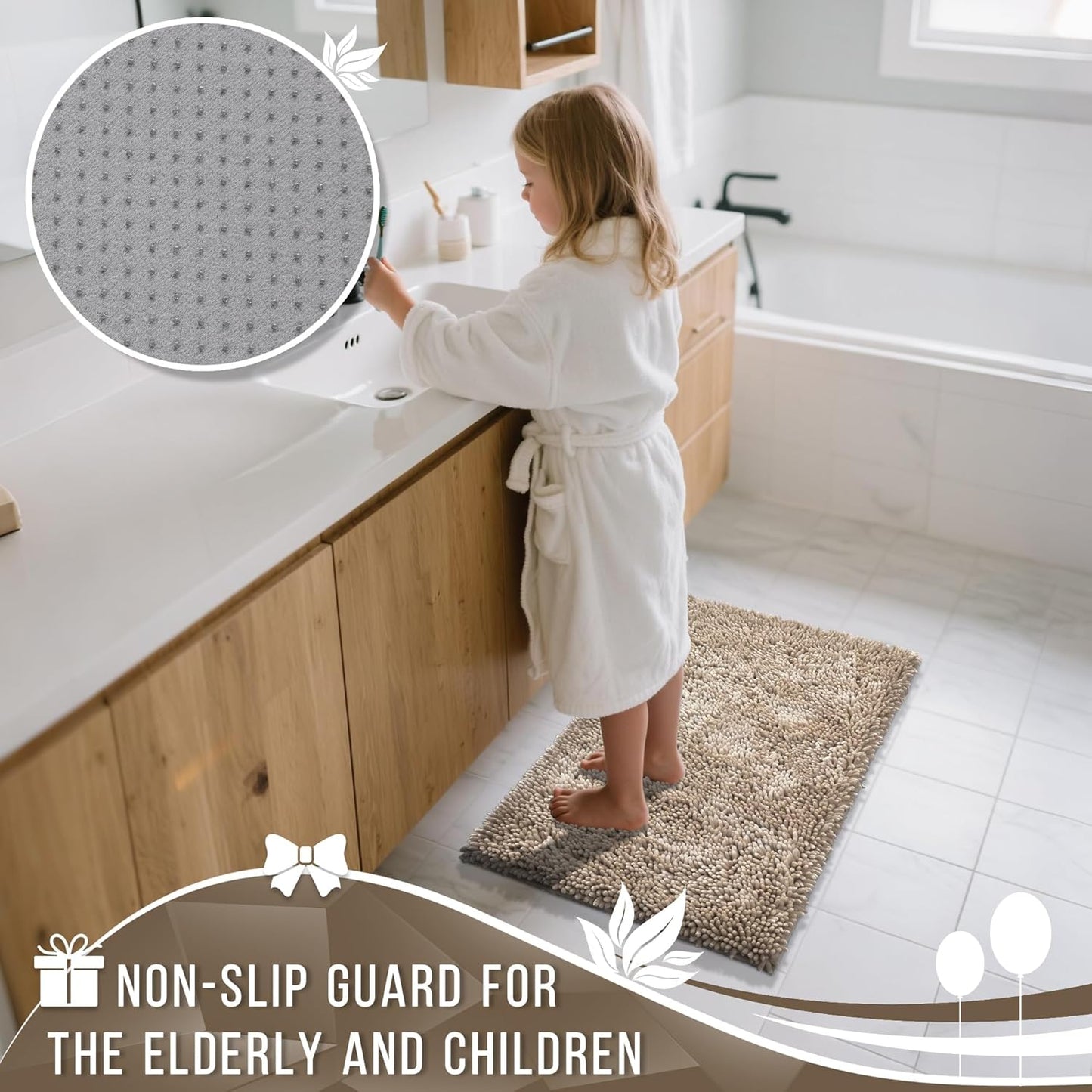Yimobra Long Bathroom Rug Non Slip 44x24 Inch, Extra Thick Soft Absorbent Chenille Bath Mat, Machine Washable Quick Dry Bath Rugs for Bathroom Floor, Tub and Shower, Home Decor Accessories, Camel