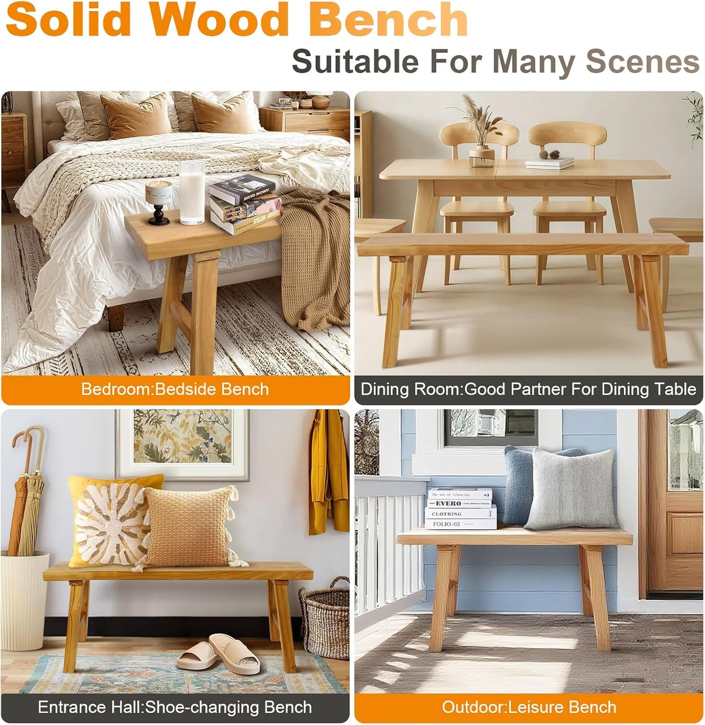Farmhouse Solid Wood Bench: Long Rustic Indoor Narrow Wooden Bench for Entryway,Living Room, Dining Room,End of Bed,Hallway (59" Lx10 Wx18 H)