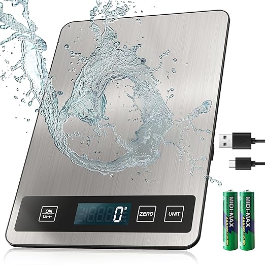 【33 lb & USB Rechargeable】 Digital Kitchen Food Scale Kitchen Scale, Stainless Steel Digital Weight Grams and Oz, Baking and Cooking, 0.1oz/1g Precise, 6 Weight Units