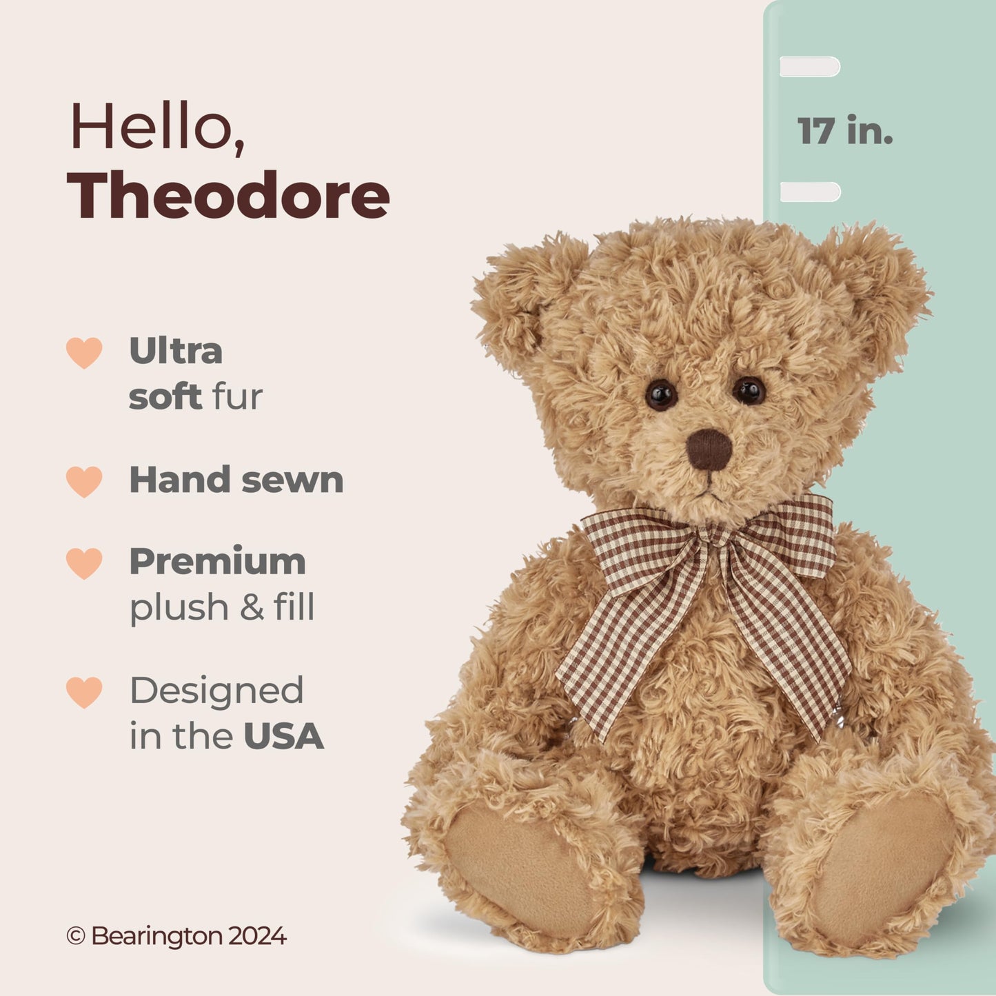 Bearington Theodore Teddy Bear Stuffed Animal - 17" Soft Teddy Bear Plush Toy with Fluffy Fur and Huggable Design - Adorable Classic Cuddly Gift for Kids, Toddlers, and Animal Lovers