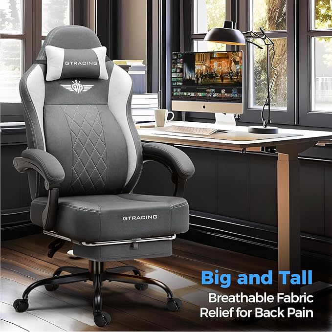GTPLAYER Big and Tall Gaming Chair Breathable Fabric Computer Chair with Strong Lumbar Support, Comfortable Office Chairs with Pocket Spring Cushion, High Back Ergonomic Desk Chairs with Footrest