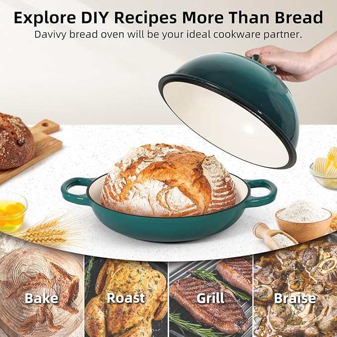 Davivy 5.5QT Enameled Cast Iron Dutch Oven with Lid, Dutch Oven for Sourdough Bread, 10" Round Sourdough Bread Oven, Bread Cloche for Bread Baking, with Silicone Bread Sling - Gradient Teal