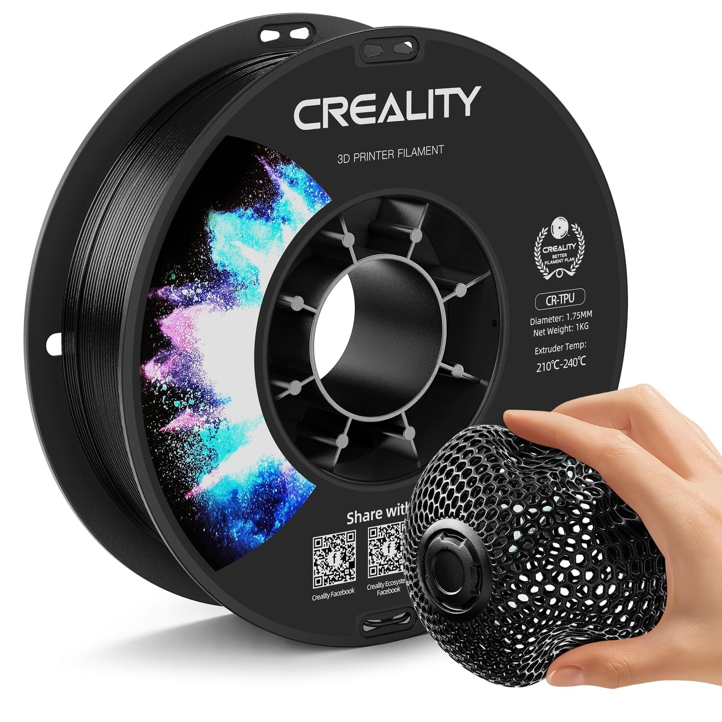 Creality TPU Filament 1.75mm Black, Flexible 3D Printer Filament TPU 95A, 1kg(2.2lbs) Neatly-Wound Spool, Excellent Resilience,
