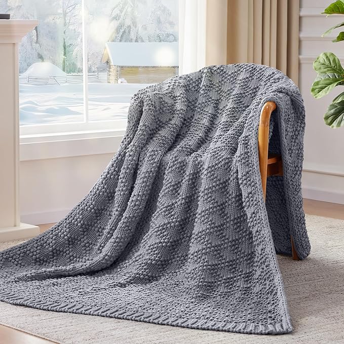 Knitted Weighted Blanket for Adult, Chunky Knit Weighted Throw for Sleep 50"*60" 7lbs, Cooling Breathable Heavy Blanket for Hot Sleepers, Machine Washable Blanket for Room Decor(Light Grey)