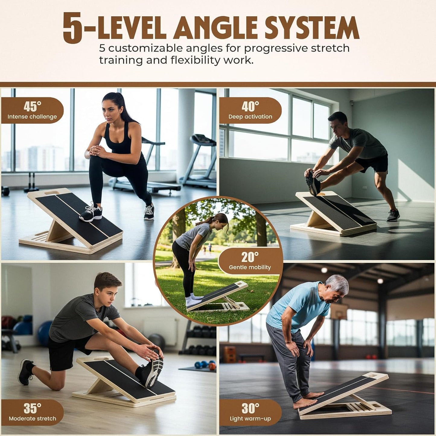 Adjustable Wooden Slant Board for Calf Stretching, Squats & Physical Therapy – Portable Incline Stretch Board for Ankle, Knee, Heel & Foot Mobility with 2 Extra Sand Papers, Carry Bag & Mini Loop Band
