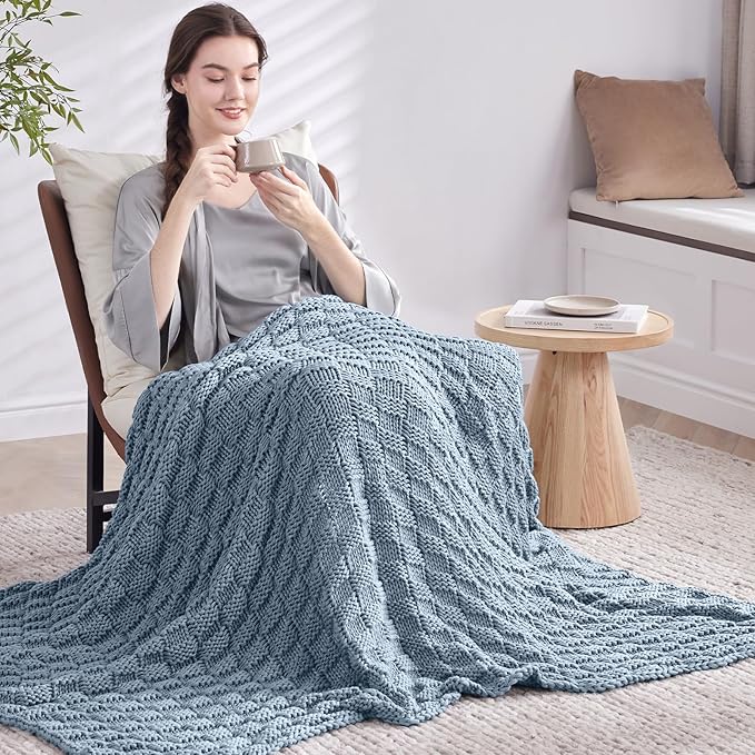 Knitted Weighted Blanket for Adult, No Beads Heavy Blanket 50” x 60'' 10lbs, Breathable Chunky Knit Blanket, Cooling Weighted Blanket for Hot Sleepers, Christmas Home Decor (Light Blue)