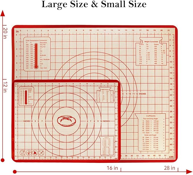 Silicone Baking Mat,28in×20in & 16in×12in Pastry Mat,Measuring Non-slip Dough mat Mats for Baking,Kneading Dough,Table Mats Red(2Pack)