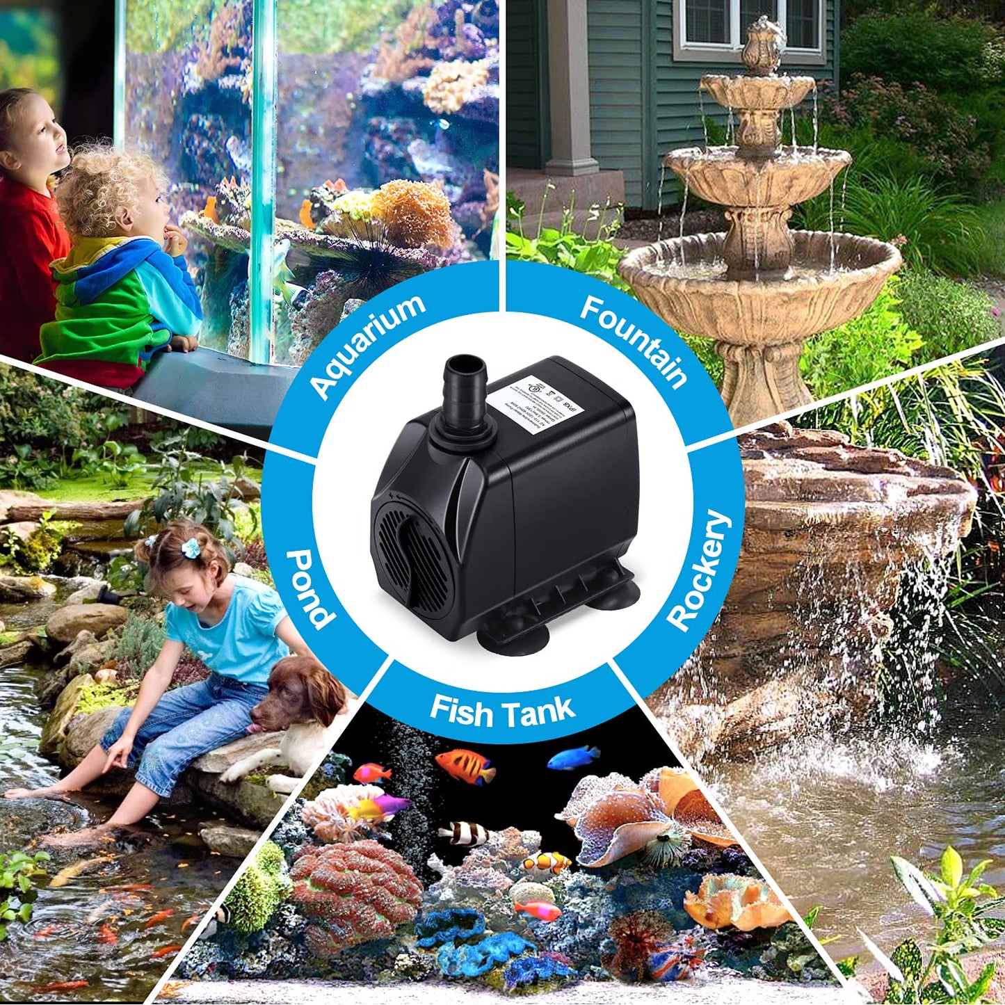 CWKJ Fountain Pump, 880GPH Submersible Water Pump, Durable 60W Outdoor Fountain Water Pump with 6.5ft Tubing (ID x 1/2-Inch), 3 Nozzles for Aquarium, Pond, Fish Tank, Water Pump Hydroponics, Fountain