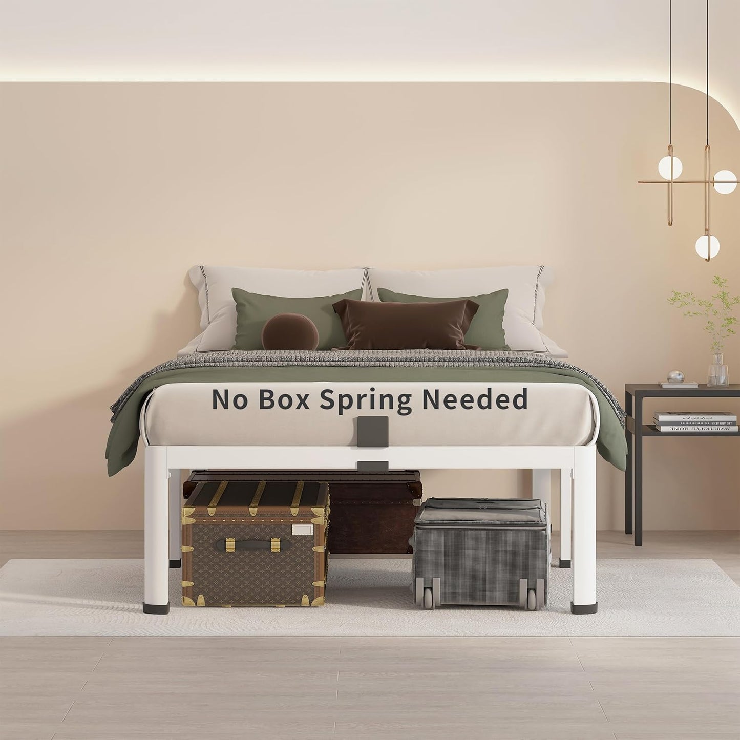 MAF 18 Inch Twin Bed Frames White with Round Corner Legs Mattress Slide Stopper No Box Spring Needed Heavy Duty Metal Platform Bed Frame Under-Bed Storage Space, 3000 LBS Steel Slats Support