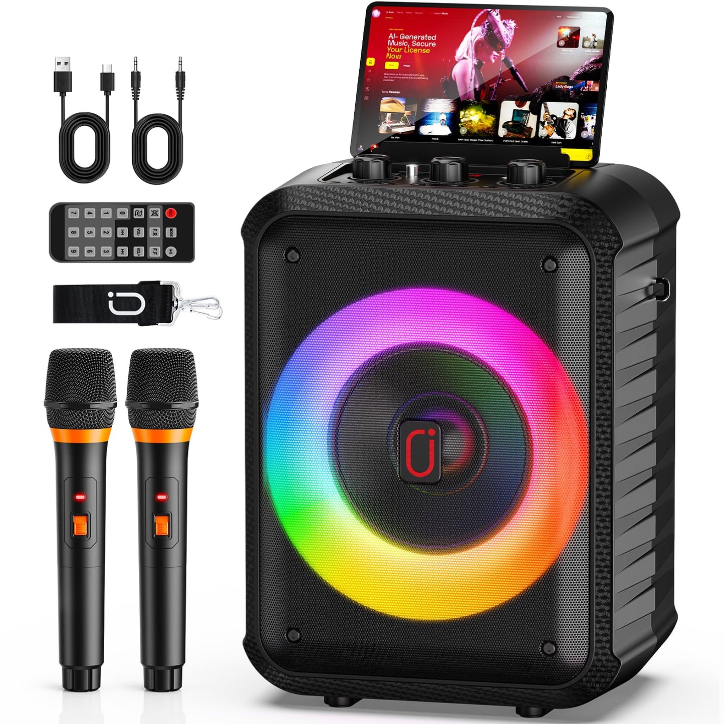 JYX Karaoke Machine, Portable Bluetooth Speaker with 2 Wireless Microphones, RGB Lights, Echo, 40W 5.25 Woofer, Rechargeable, A