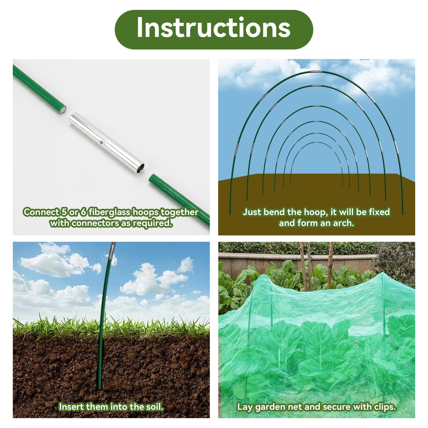 Garden Netting Kit for Raised Beds, 10x30FT Green Ultra Fine Mesh Netting &6 Sets of 8FT Garden Hoops, Insect Netting Row Cover Net Protect Plants Vegetable Fruits Flowers