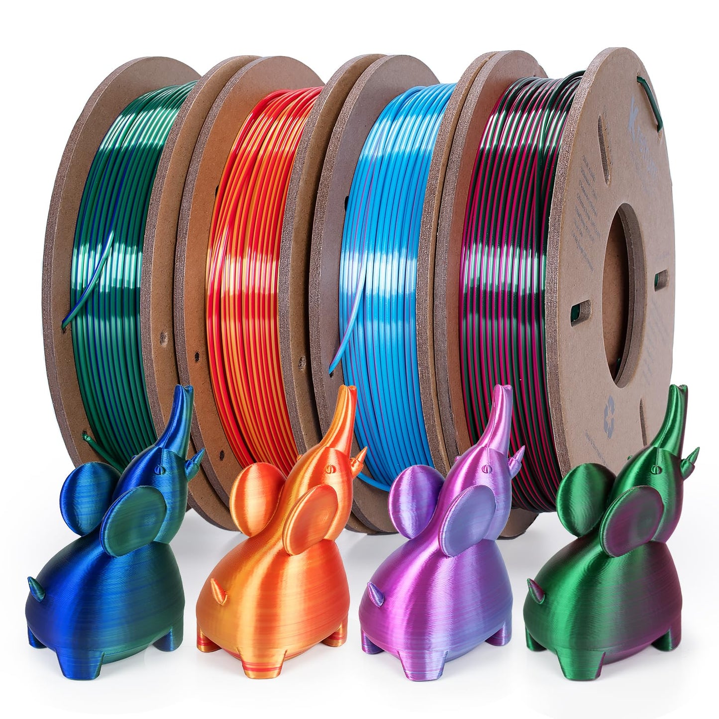 Kretrum Silk Dual Color 3D Printer Filament Bundle, 1.75 mm Color Changing PLA Bundle, 4 Spools 250g Each (Rose & Blue, Red & Go
