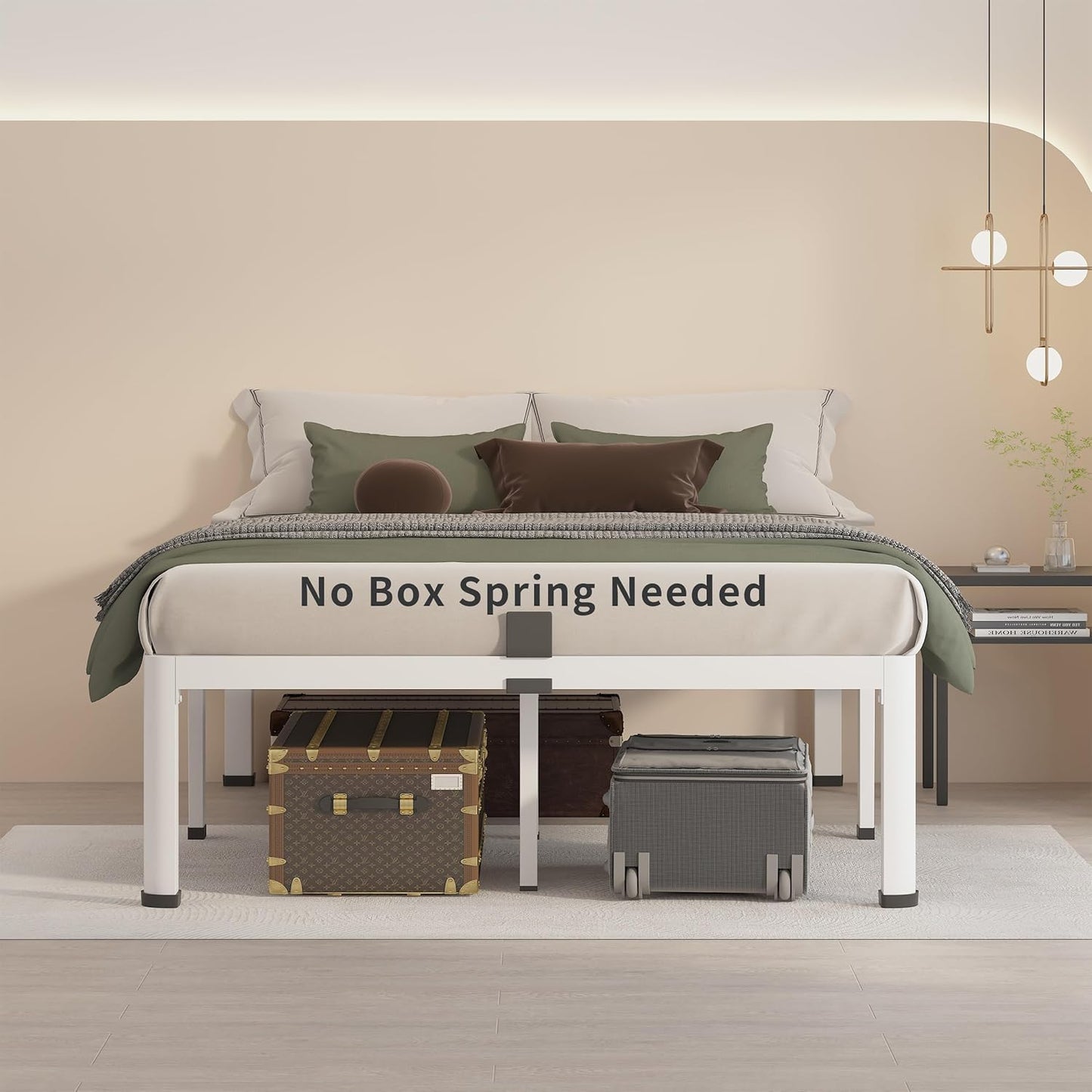 MAF 18 Inch California King Bed Frame White with Round Corner Legs Mattress Slide Stopper No Box Spring Needed Heavy Duty Metal Platform Bed Frames, 3000 LBS Steel Slats Support
