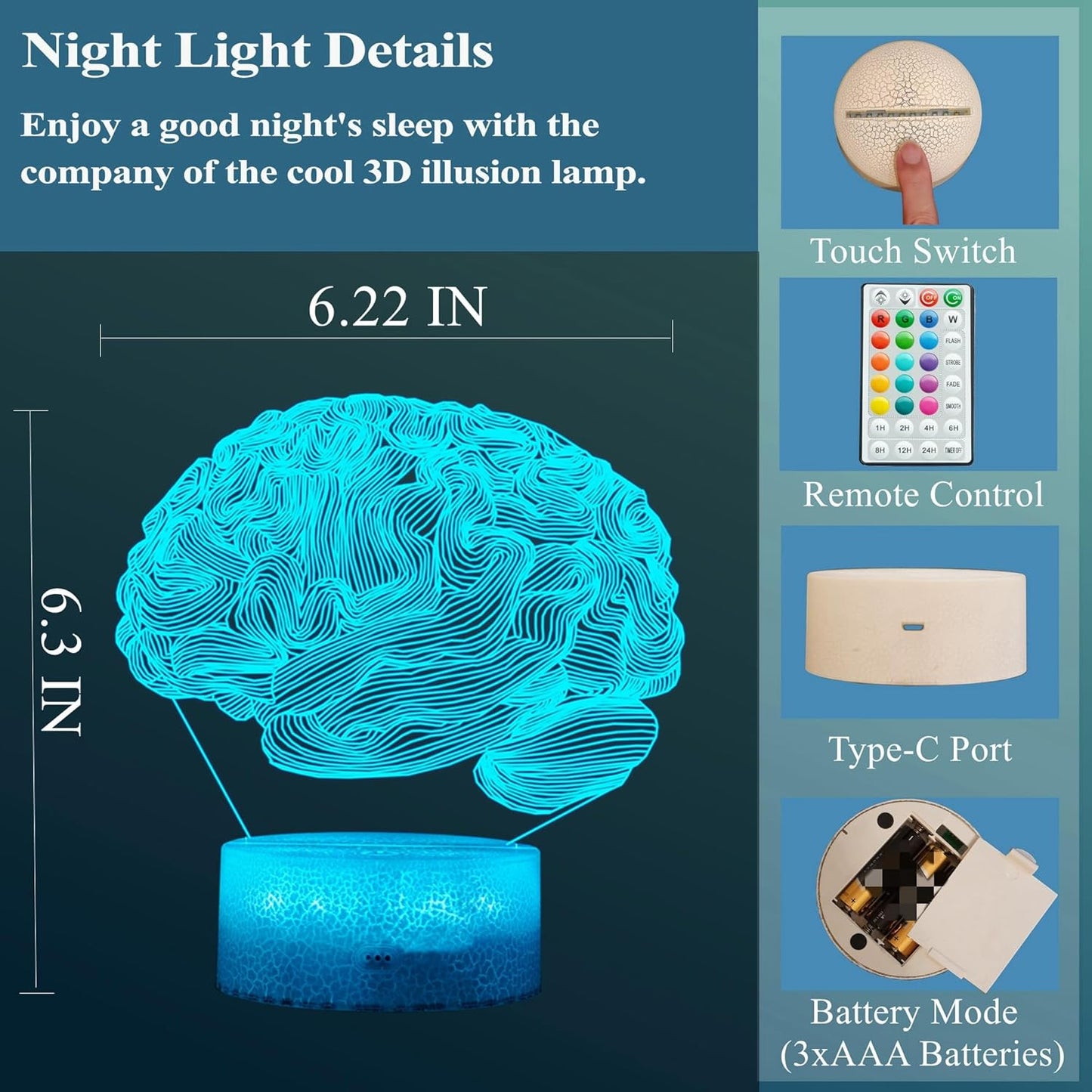 Neurology Gifts, 3D Brain Illusion Lamp, Night Light with16 Colors Changing, Remote Control, Timer, Dimmable, Kids Room Decoration, Xmas Brain Model Gifts