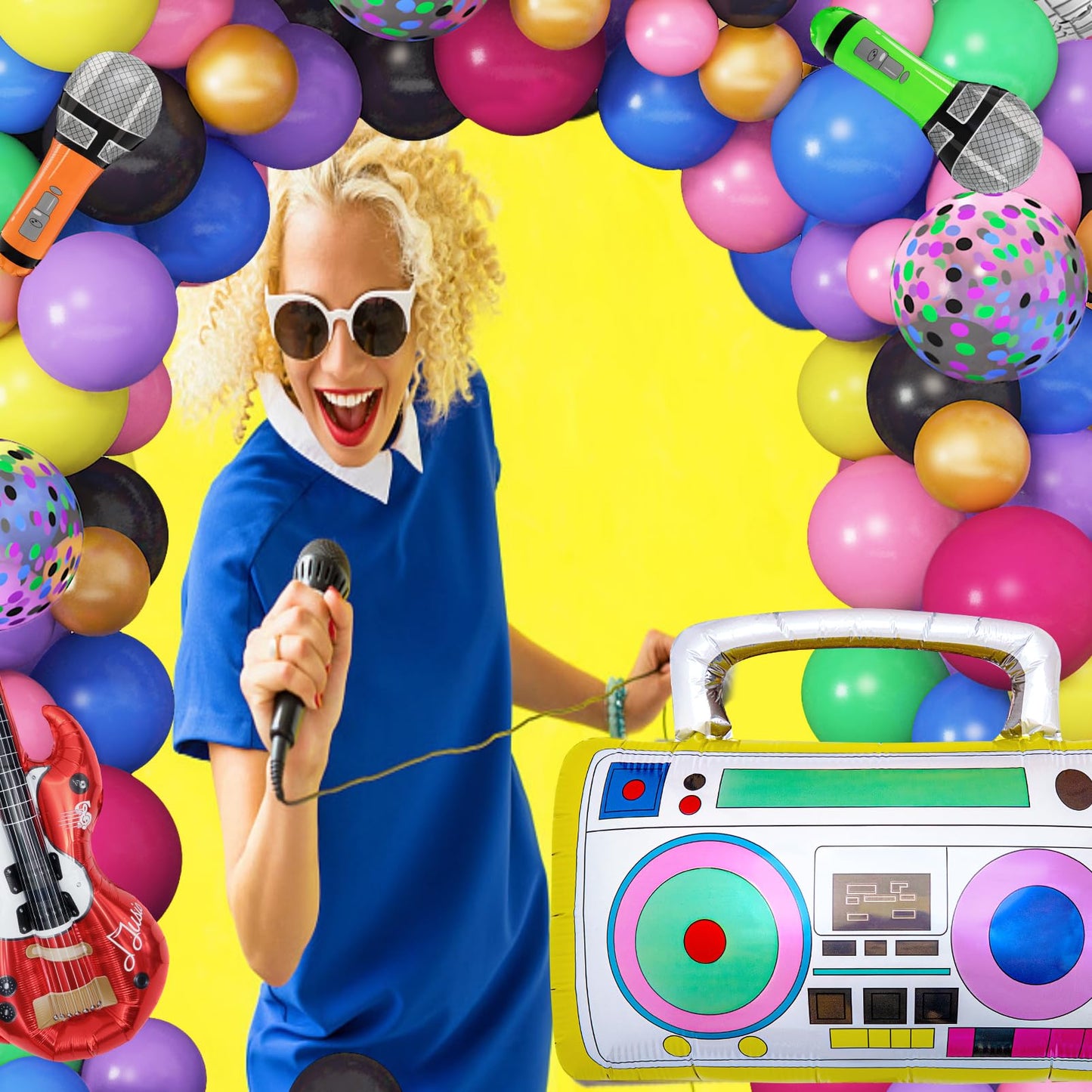 Amandir 80s 90s Theme Party Decorations, 90Pcs Balloon Garland Kit 6PCS Disco Ball Radio Boom Box Retro Mobile Phone Guitar Microphone Foil Balloons for Back to 80s 90s Hip Hop Birthday Supplies