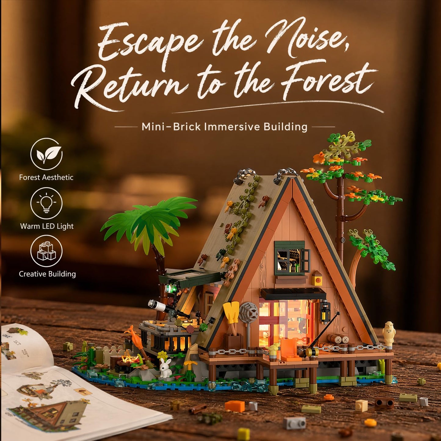 A-Frame Cabin Building Set with LED Light, 1486 Pcs Wooden Lakeside Cabin House Model Kit, 2-Story Architecture Collectible Set for Adults, Nature Animal Lovers Gift ZY-6028