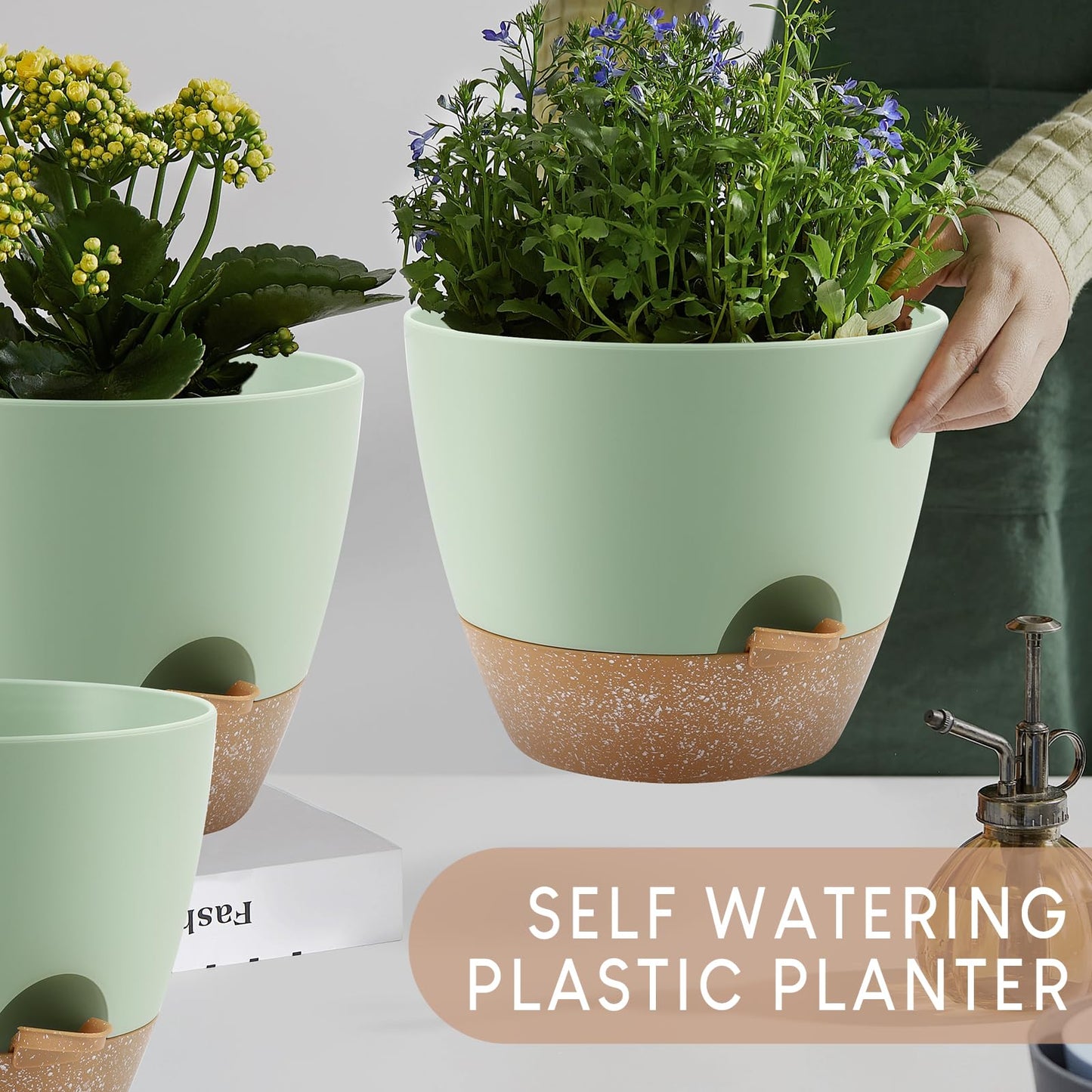 YNNICO Plant Pots 10/9/8/7.5/7 inch, Self Watering Planters with Drainage Holes & Saucers for Indoor and Outdoor Plants (Green)
