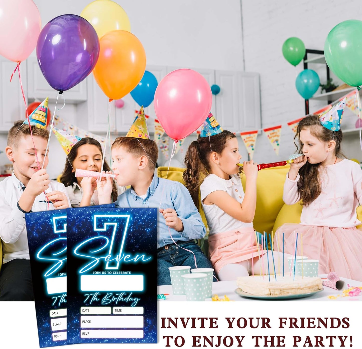 SIXEIGHT Blue 7th Birthday Invitations for Boys, Neon Glow Party Invitations for Girls Kids, 20 Pack Double Sided Invite Cards with Envelopes, 7th Glow Neon Birthday Party Decorations, 4x6 Inch-C07